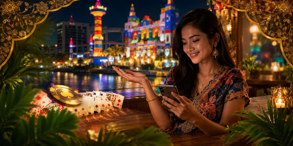 Pemain Malaysia dalam suasana kasino tempatan menikmati permainan kad dengan latar batik